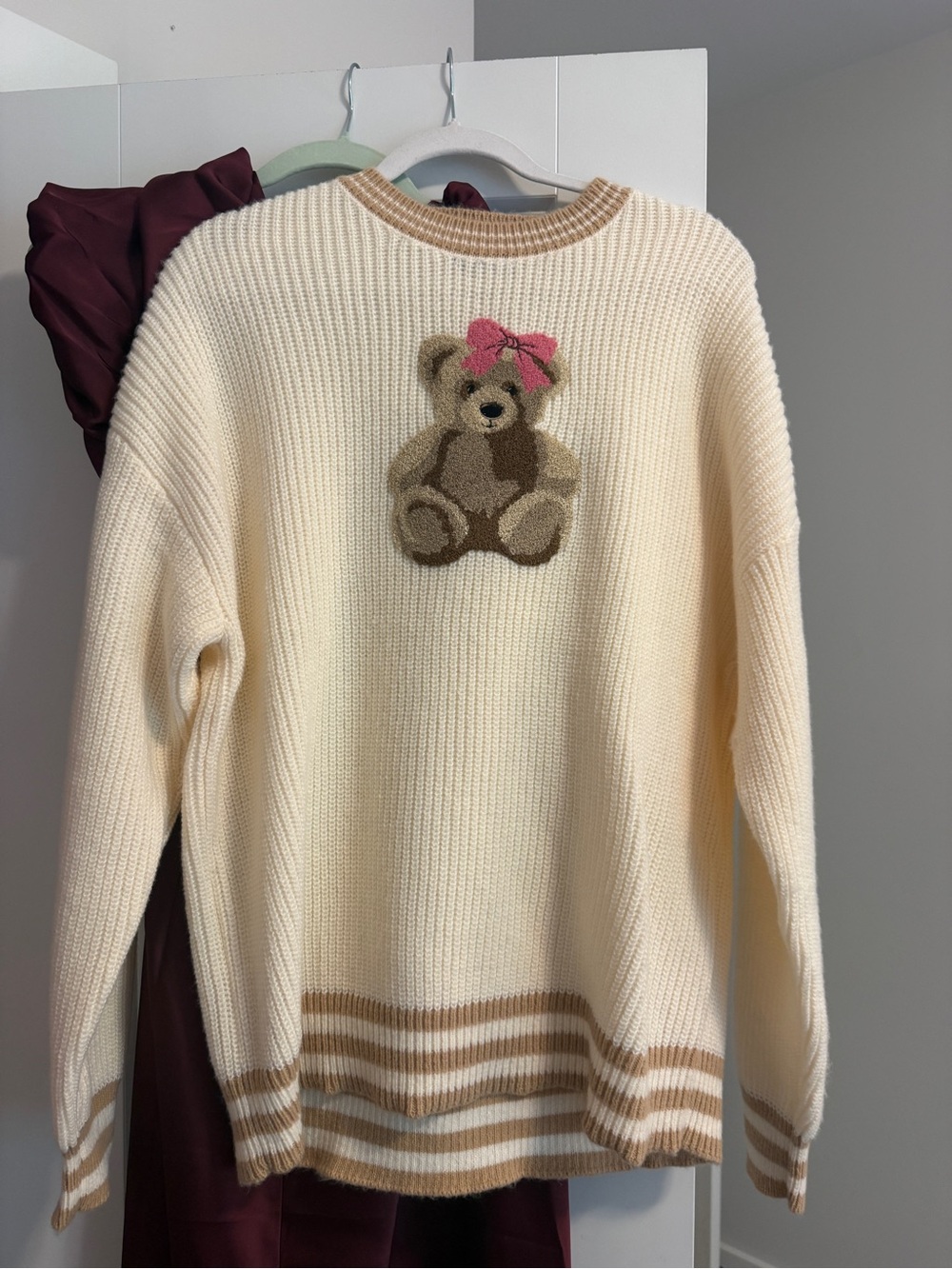 Simply Southern Cream Knit Sweater with Brown Teddy and Pink Bow